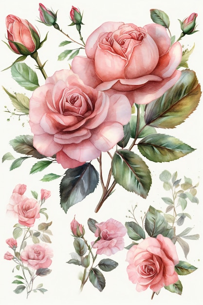 Ein Rosenstrauß mit Blättern und Blüten.
