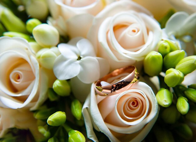 Foto ein rosenstrauß mit einem goldenen ring darauf