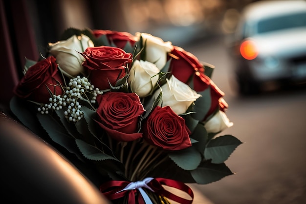Ein Rosenstrauß steht an der Seite eines Autos.