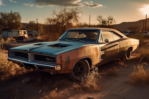 Foto ein rostiger alter dodge charger steht auf einer unbefestigten straße.