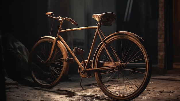 Ein rostiges Fahrrad steht in einem dunklen Raum.