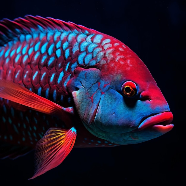 Ein rot-blauer Fisch mit rotem Gesicht und blauem Auge.