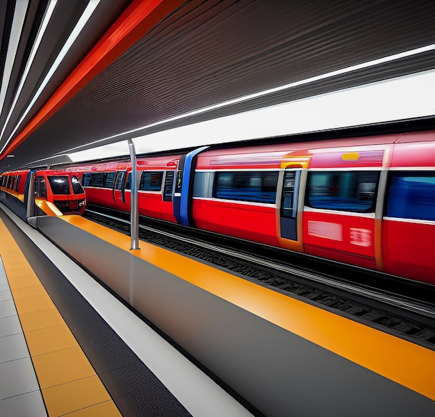 Ein rot-blauer Zug fährt durch einen Tunnel.