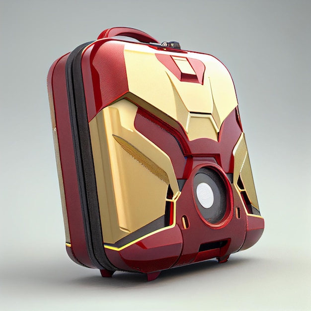 Ein rot-goldener Koffer mit der Aufschrift „Eisen“.