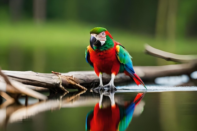 Ein rot-grüner Papagei steht auf einem Ast im Wasser.