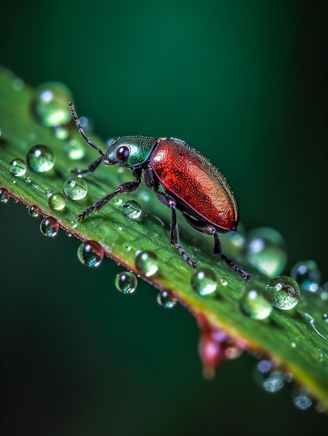 Ein rot-schwarzer Käfer ist mit Tau auf einem grünen Blatt bedeckt.