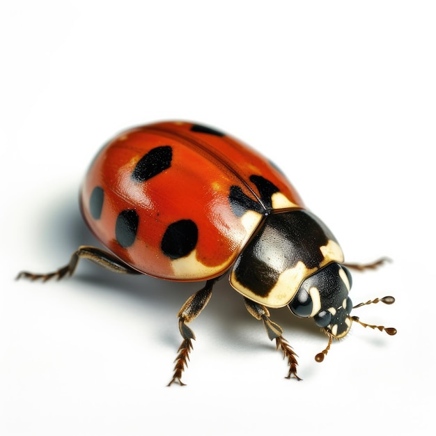 Ein rot-schwarzer Marienkäfer steht auf weißem Hintergrund.