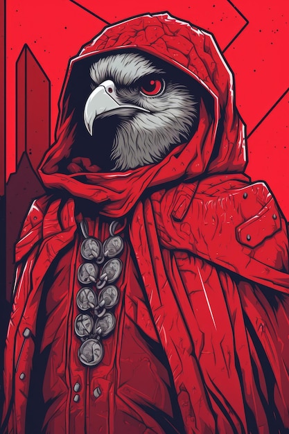 Ein rot-schwarzes Poster eines Vogels mit roter Haube und einer roten Kapuze.