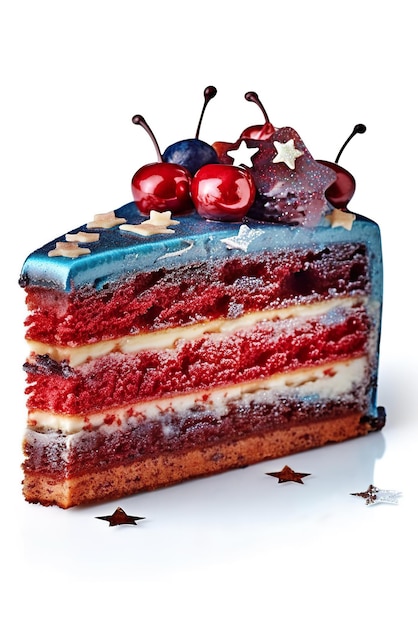 Ein rot-weiß-blauer Kuchen mit Kirschen auf der Oberseite. KI-generativer Retro-Kuchen im Lambeth-Stil