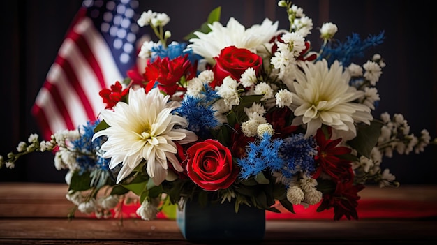 Ein rot-weiß-blaues Blumenarrangement vor einer amerikanischen Flagge