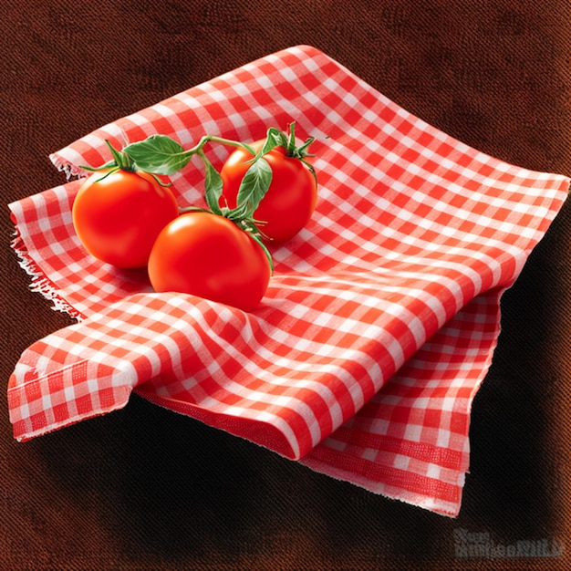 Ein rot-weiß kariertes Tuch mit drei Tomaten darauf.