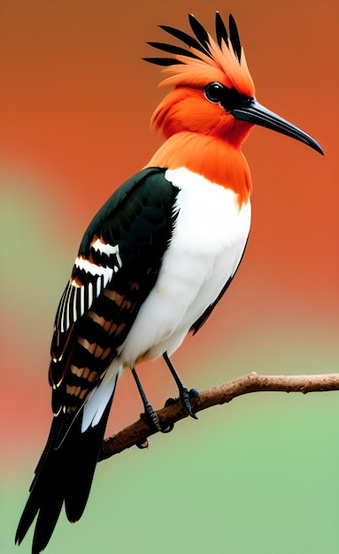 Ein rot-weißer Vogel mit schwarzem Schnabel sitzt auf einem Ast.