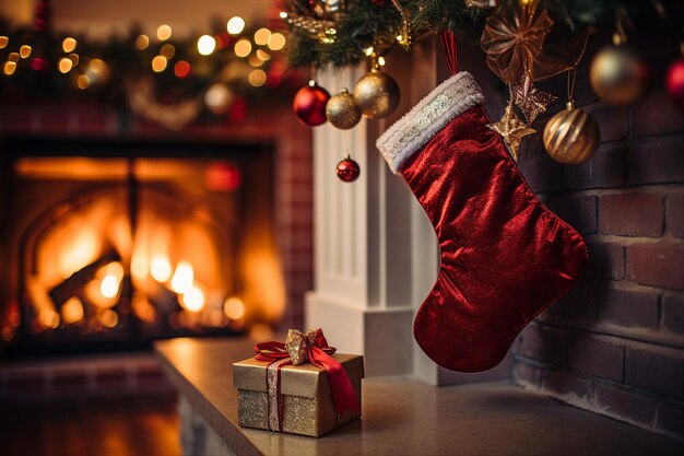 Ein rot-weißer Weihnachtsstrumpf, der an einem Kamin hängt. Festliche und magische Atmosphäre