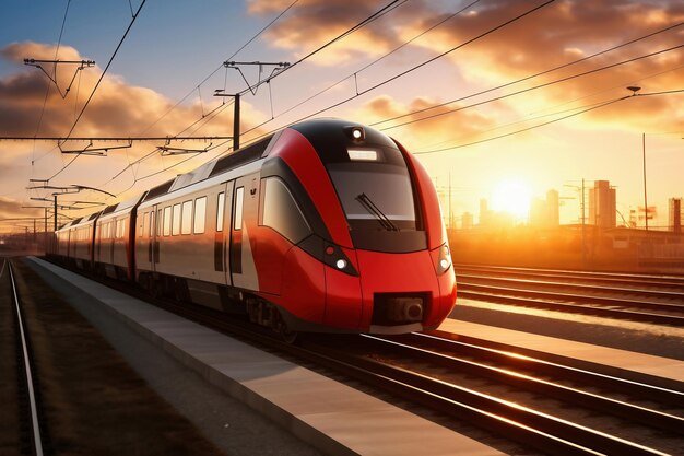 Ein rot-weißer Zug, der bei Sonnenuntergang die Gleise einer Hochgeschwindigkeits-S-Bahn hinunterfährt