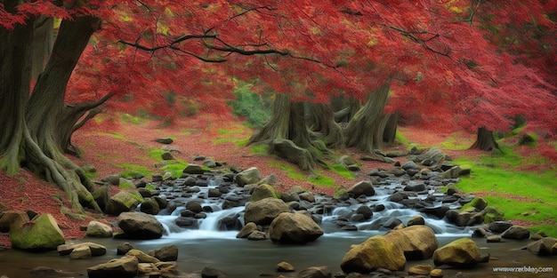 Ein rotblättriger Baum wird von einem Bach mit Felsen und einem Fluss umrahmt.