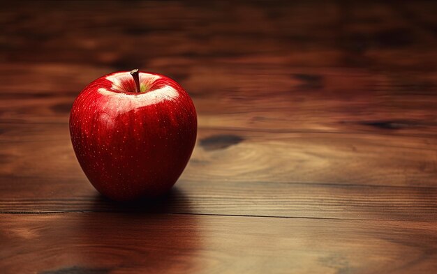 ein roter Apfel auf einem Holztisch mit braunem Hintergrund