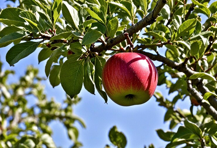 Foto ein roter apfel hängt an einem baum mit einem blauen himmel im hintergrund