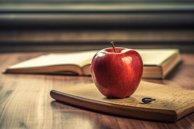 Ein roter Apfel liegt auf einer Holzoberfläche neben einem Buch.