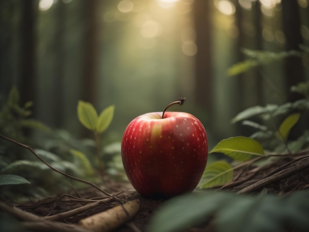 Ein roter Apfel liegt mitten im Wald