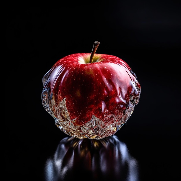 ein roter Apfel mit einem goldenen Stamm auf schwarzem Hintergrund.