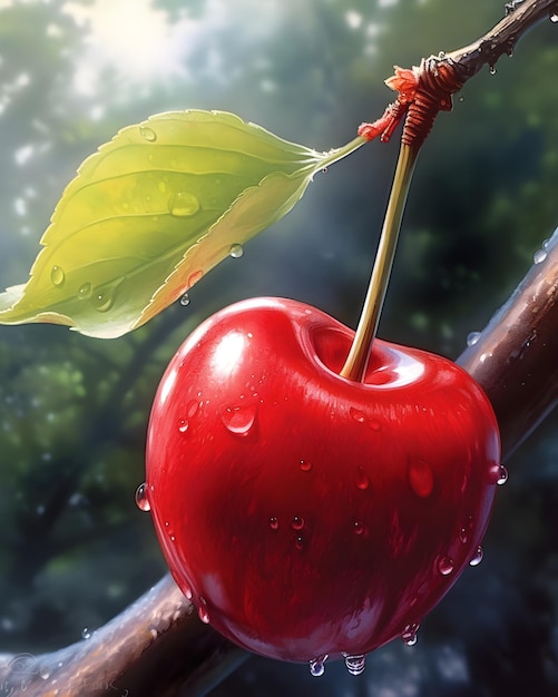 Ein roter Apfel mit einem grünen Blatt darauf