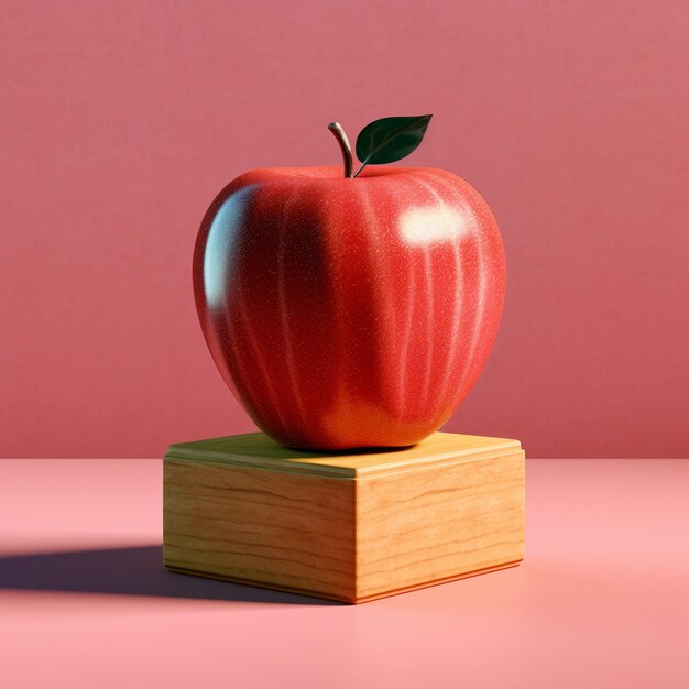 ein roter Apfel mit einem grünen Blatt sitzt auf einem Holzblock.