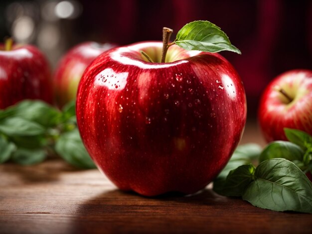 ein roter Apfel mit grünen Blättern auf einem Tisch.