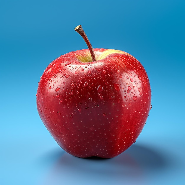 Ein roter Apfel mit Wassertropfen darauf steht auf blauem Hintergrund.