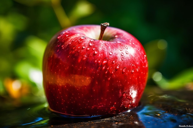 Ein roter Apfel mit Wassertropfen darauf