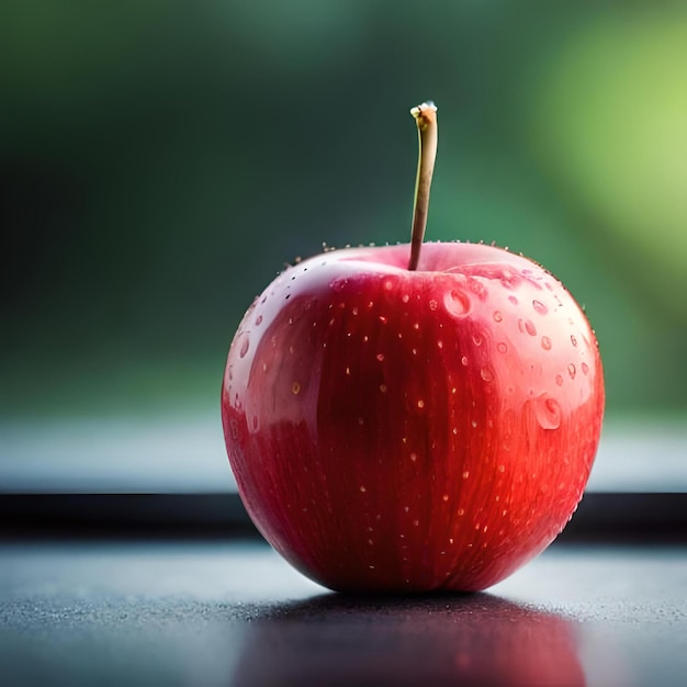 Ein roter Apfel mit Wassertropfen sitzt auf einem Fensterbrett