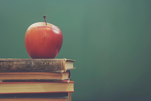 Ein roter Apfel sitzt auf einem Stapel Bücher vor einer grünen Tafel