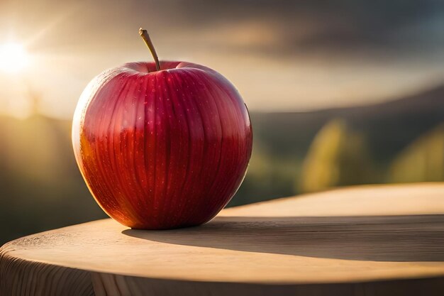 ein roter Apfel sitzt auf einem Tisch vor einem Sonnenuntergang.