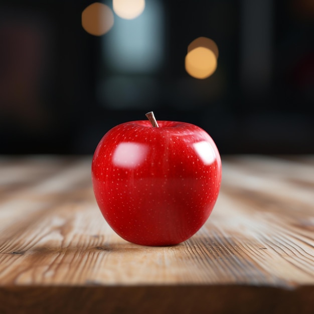 ein roter Apfel steht auf einem Holztisch mit einer Kerze im Hintergrund.
