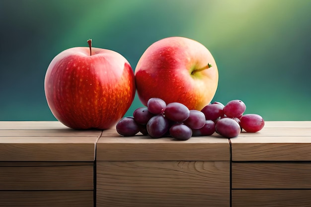 Ein roter Apfel und ein roter Apfel sitzen auf einem Holztisch mit Weintrauben im Hintergrund.
