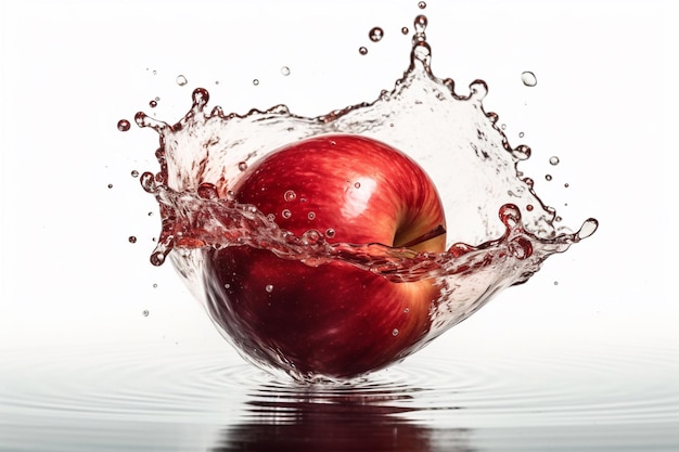 Ein roter Apfel wird ins Wasser geworfen.