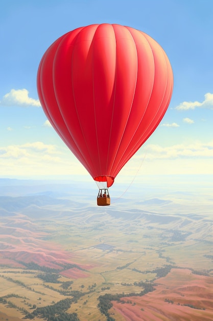 Ein roter Ballon mit gelbem Griff fliegt über einer Landschaft.