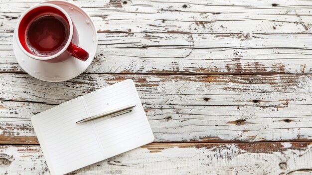 Ein roter Becher mit Kaffee sitzt auf einem Holztisch neben einem Notizbuch