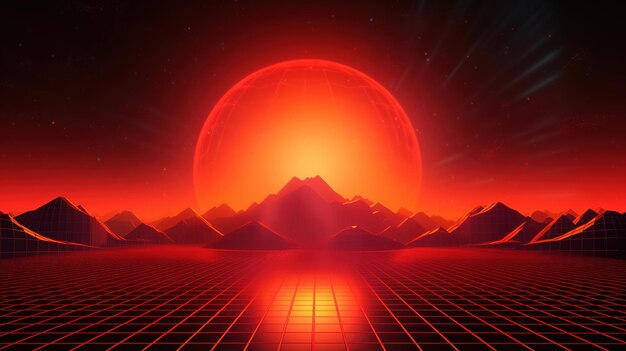 Ein roter Berg mit einer Sonne am Horizont