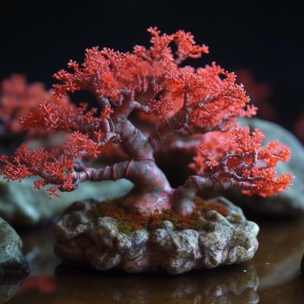 Ein roter Bonsai-Baum sitzt auf einem Felsen mit der Aufschrift „Bonsai“.