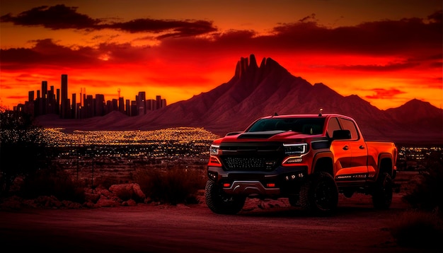 Ein roter Chevy Truck mit einer Stadt im Hintergrund