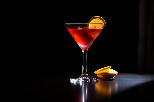 Ein roter Cocktail mit einer Zitronenscheibe als Beilage