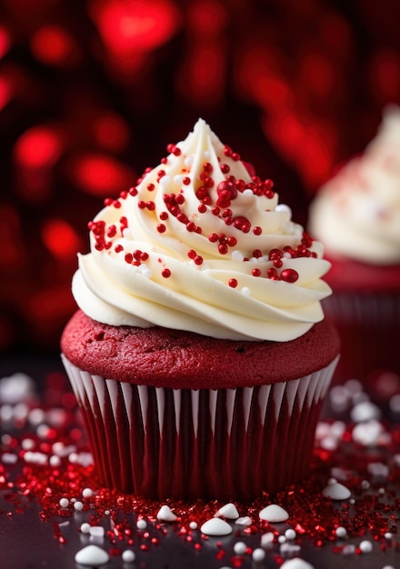 ein roter Cupcake mit weißem Zuckerguss und Streuseln