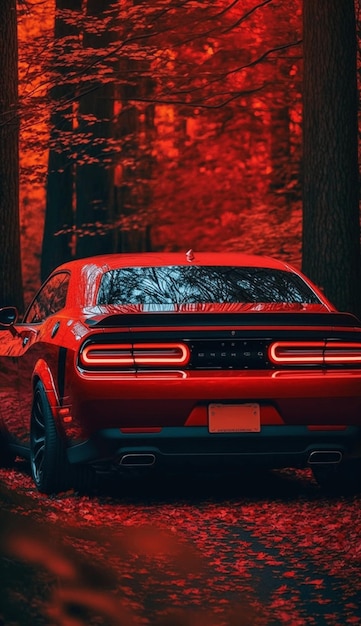 Ein roter Dodge Charger parkt in einem Wald mit rotem Hintergrund.