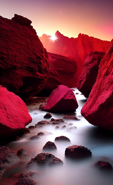 Ein roter Felsen in einer Schlucht, auf den die Sonne scheint.