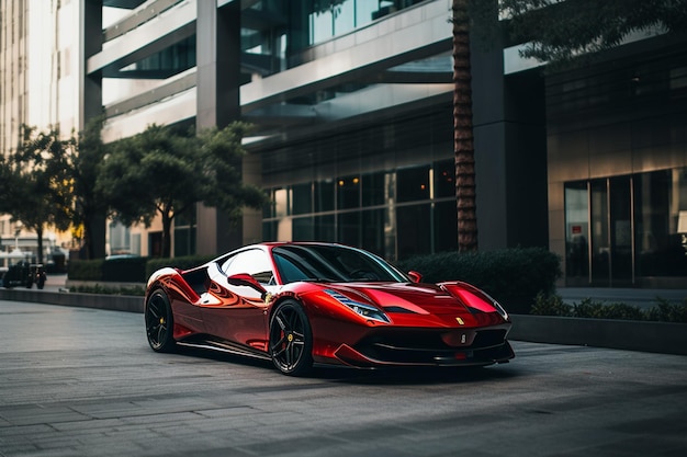 Ein roter Ferrari auf der Straße mit einem Bürogebäude im Hintergrund