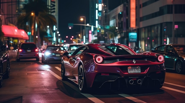 Ein roter Ferrari F82 fährt nachts eine belebte Straße entlang