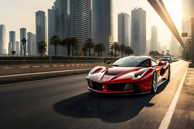 Ein roter Ferrari fährt in Dubai City