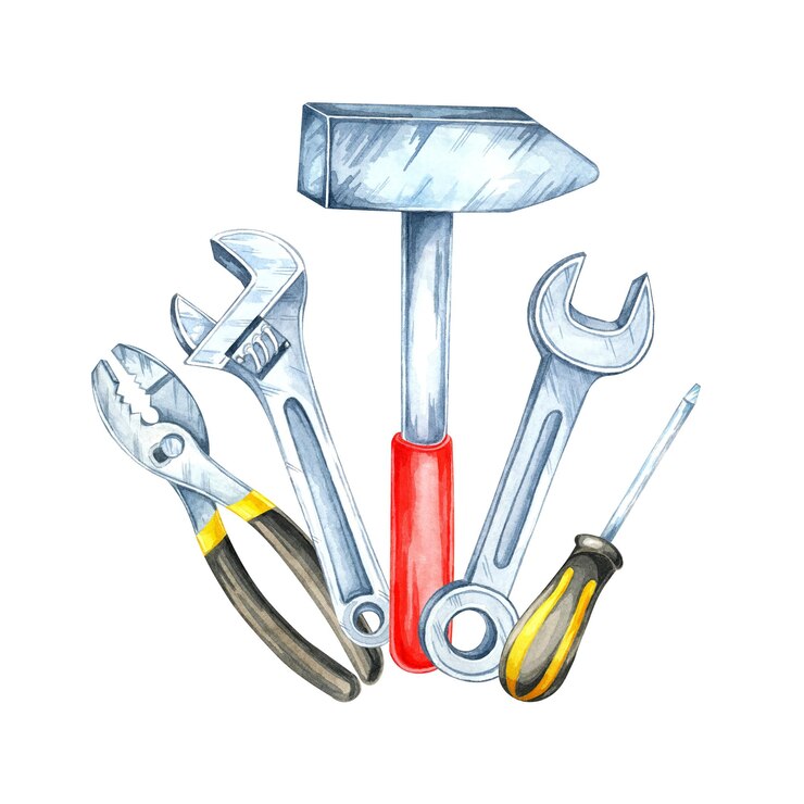Foto ein roter hammer, silberne schlüssel, gelbe zangen und ein schraubenzieher aquarellillustration ideal für hardware-flyer