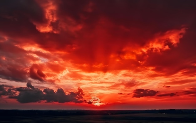 Ein roter Himmel mit der Sonne, die hinter den Wolken untergeht