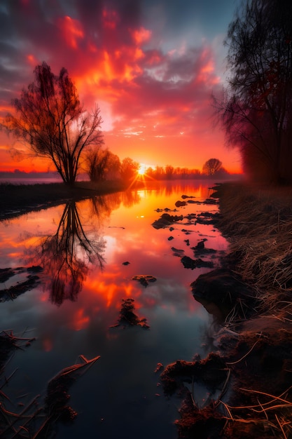 Ein roter Himmel mit einem Sonnenuntergang und einem Fluss im Hintergrund